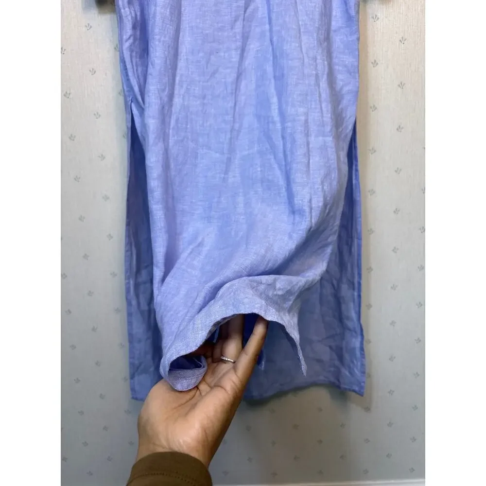 J Crew Bungalow Maxi Popover Dress XS in Linen Blue Quiet Luxury Coastal Beach
